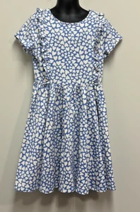 Mini Boden Dress Blue Hearts Knit Frilly Twirly Fit Flare Short Sleeve Girls 6-7 - Picture 1 of 7