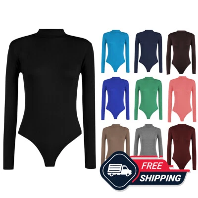 Womens Long Sleeve Polo Neck Bodysuit Ladies Plain Turtle Top Leotard UK 8-26 - Image 1 of 4