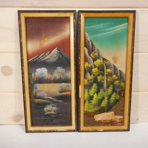 Ucagco Japan Wooden Framed Bark Art x 2 Mountain Forest Painting Multimedia - Picture 1 of 8