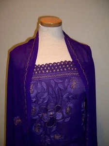 DESIGNER STOFF ROYAL LILA GEORGETTE SARI HERRLICH BLUMEN BESTICKT 5 Yard - Bild 1 von 12