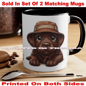 DigiPups Chocolate Lab Labrador Dog Bucket Hat Fun Cartoon Coffee Cup 2 Mug Set - Picture 1 of 3