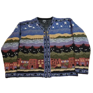 Vintage Icelandic Design Jacket Women's Size Medium Knit 80s City Skyline Wool - Picture 1 of 23