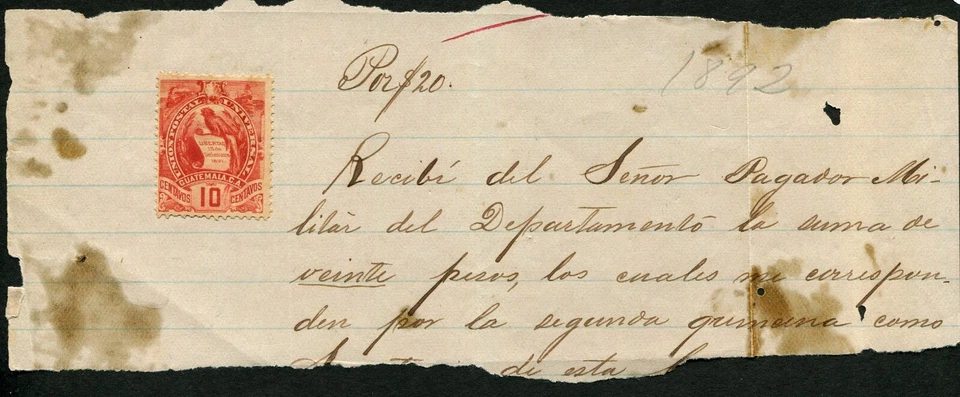 Guatemala Military Payment 1892 Receipt Latin America Document 10c Postage - Image 1 of 1