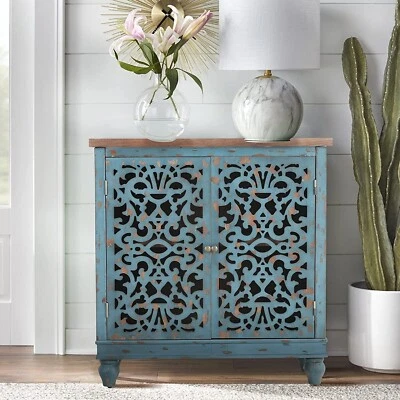 2-Door Blue Accent  Storage Cabinet Carved Boho Cabinet for Hallway Living Room - Image 1 of 4