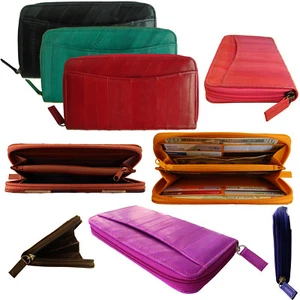 Genuine Eel Skin Leather Zippered Wallet Zipper Purse Zip-Around Wallet - Picture 1 of 57