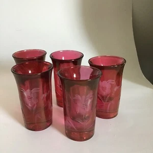 Vintage Cranberry Etched Floral Designed 2.5" Shot Glasses / 5 - Picture 1 of 5