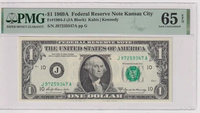 Fr 1904-J 1969A $1 FRN J97259347A PMG 65EPQ KANSAS CITY 1969-A - Image 1 of 2