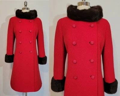 Elegant 1960s Red Wool Mink Fur Trim Princess Coat M Medium - Image 1 of 4