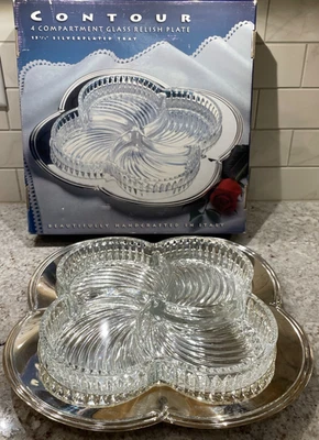 Vintage Godinger Silverplated Clover Shape Tray & Glass Relish Plate Divided-NEW Foto 1 de 4