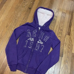 Y2K Aeropostale Womens Size XS Faux Fur Lined Full Zip Purple Hoodie Jacket - Picture 1 of 6