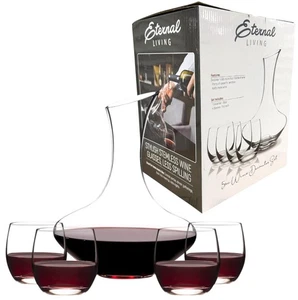 Eternal Living 5pc Wine Decanter Set w/ 4 Stemless Glasses – 50oz Carafe - Picture 1 of 12