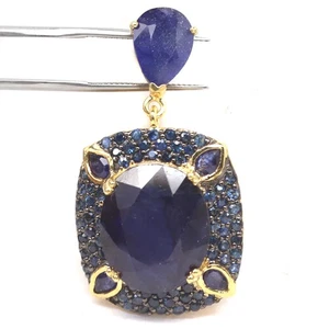 925 Silver Sterling 18K Gold Plated 17 x 20 mm. Blue Sapphire Statement Brooch - Picture 1 of 4