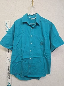 Bugle Boy Co. Shirt Mens Size Large Button Up Turquoise Embroidered Book VINTAGE - Picture 1 of 16