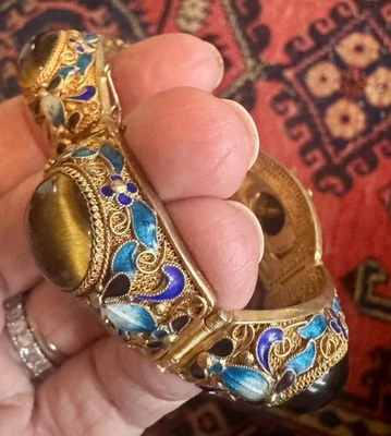 PULSERA ANTIGUA CHINA EXPORTACIÓN VERMEIL SOBRE PLATA ESMALTE ORNAMENTADO OJO DE TIGRE Foto 1 de 4