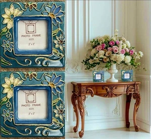 Pier 1 Imports 2 Bilderrahmen handbemalt Cloisonné Stil 2" x 2" Set Küste - Bild 1 von 5