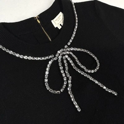 Kate Spade Pearl Rhinestone Bow Jewel Sweater Womens Small Black Wool Cashmere - Image 1 of 4