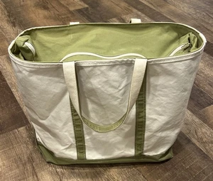 VINTAGE LL Bean Boat & Tote Canvas Bag Green Trim XL 90s HEAVY DUTY Sage Zipper - Picture 1 of 16