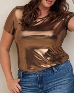 Torrid Women Bronze Metallic Liquid Shine Round Neck Short Sleeves Stretch Top 5 - Picture 1 of 21