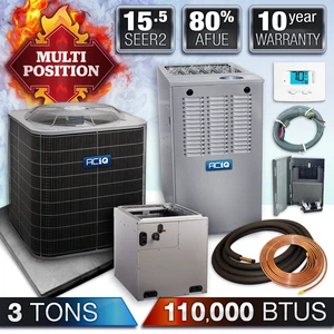 ACiQ 3 Ton 14.3 SEER2 Central Air Conditioner 110K BTU 80% Gas Furnace System - Picture 1 of 19