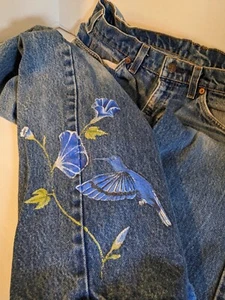 Vintage Levi's Jeans Artist Painted Morning Glory Hummingbird OOAK - Picture 1 of 11