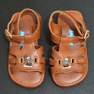 Vintage Smurf Brown Open Toe Gold Buckle Sandals Shoes Baby / Toddler Size 4 NOS - Picture 1 of 10