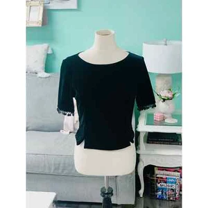 R+K Fringe Half Sleeve Short Velvet Evening Top Black Womens Size S - Picture 1 of 9