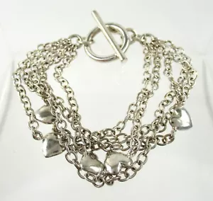 .925 Sterling Silver Statement Bracelet Toggle Multi Row Chain Heart Charms 8" - Picture 1 of 2
