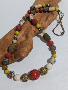 Asian Inspired 34” Long Beaded Necklace Ceramic Beads Rhinestones Wood and Glass - Picture 1 of 11