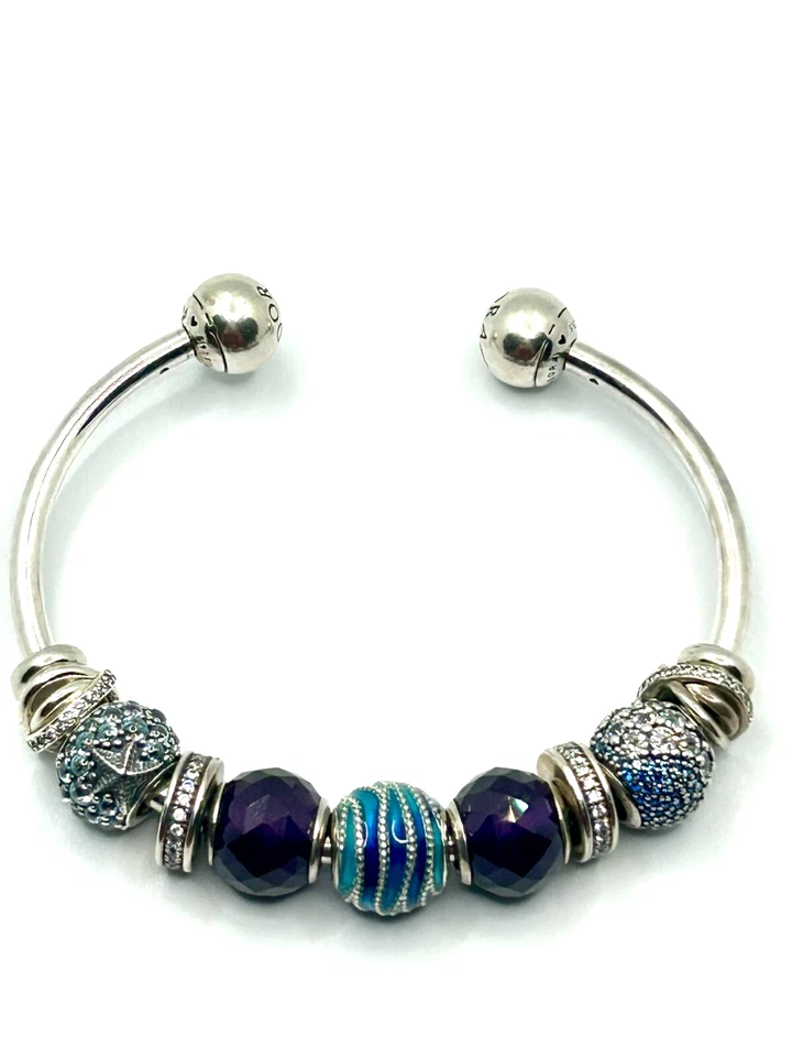 Pandora Armreif 925er Silber offen Charms Ozean blau-lila - Bild 1 von 4