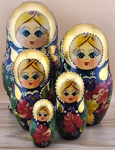 Matryoshka Russian Nesting Dolls Hand Painted 5 Pieces 6.0 Inches - Gold Leaf - Picture 1 of 10