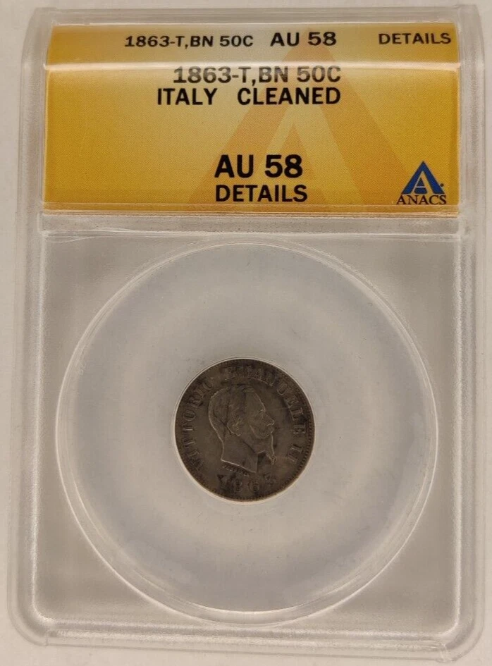 1863T BN Italy 50 Centesimi 50c Shield Reverse Silver Coin ANACS AU58 Details 1A - Image 1 of 4