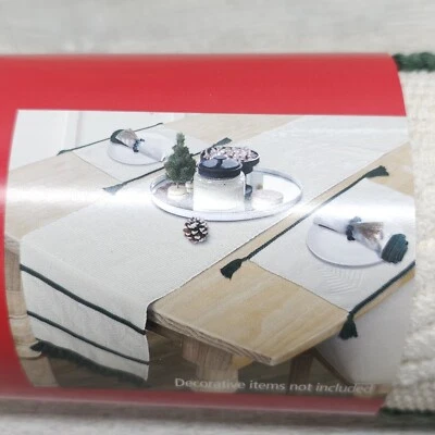 Holiday Time Christmas Table Runner White Green Stripe 14"X72" Dining Kitchen - Image 1 of 4