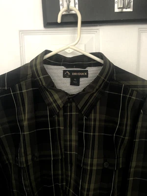 dri- duck long sleeved button down shirt fishing outdoor men green plaid cotton  - Image 1 of 3