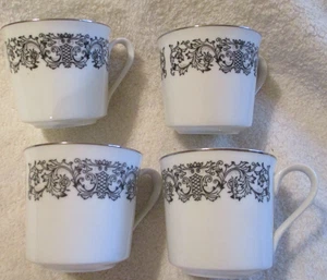 Vintage~EKCO~Corsair~Black Scrolls~Four Flat Cup Coffee Cups~3.0" Tall - Picture 1 of 11