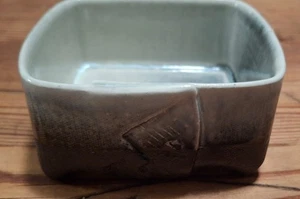 Square art pottery pot hand made signed dish stamped inside two tone Japanese? - Picture 1 of 13