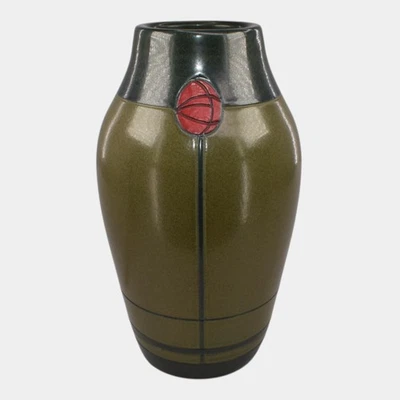 Ephraim Faience Hand Made Pottery Green Valentine’s Carved Rose Buds Vase - Image 1 of 4