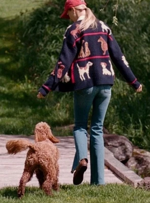 Cárdigan Anthropologie Perro Talla Única Azul Marino Multi Perro Bordado Corbata Frontal Cachorro Foto 1 de 4