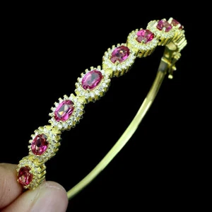 5.60CT Oval Cut Simuted Pink Sapphire Pretty Bangle 925 Silver Gold Plated - Picture 1 of 3