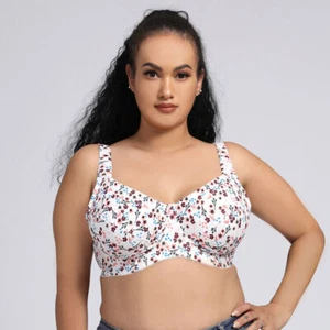 Women's Floral Underwired No Padding Cotton Full Cup Bra Plus Size Comfort Bra - Picture 1 of 14