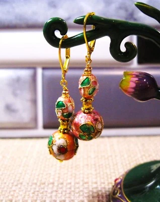 Hermosos Pendientes Colgantes Cloisonne Chapados en Oro Palanca Trasera Lote # 78 S1 Foto 1 de 2