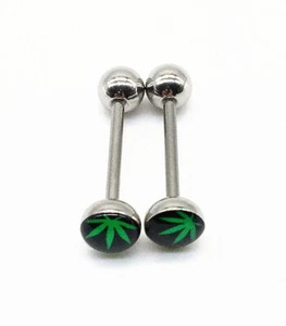 Green Marijuana Leaf Weed Steel Tongue Nipple Barbell Ball Bar Ring Piercing - Picture 1 of 3