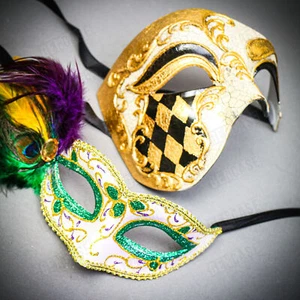 Venetian Gold Phantom Ball Men & Women Feather Green Glitter Eye Couple Mask - Picture 1 of 5