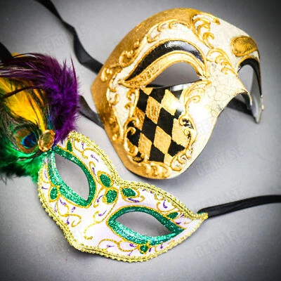 Máscara de pareja de ojos con brillo verde pluma bola fantasma dorada veneciana para hombres y mujeres Foto 1 de 4