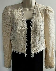 Cachet Vintage Made In USA Ivory Cream Lace & Pearl Short Blazer, Size 5/6