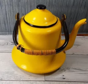 Vintage Enamelware Yellow With Black Trim Tea Pot Kettle Japan - Picture 1 of 7
