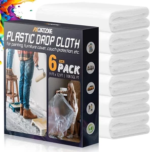 12 X 9 Ft Plastic Drop Cloths (6-Pack) - Disposable Painter'S Sheeting & Tarps f - Picture 1 of 15
