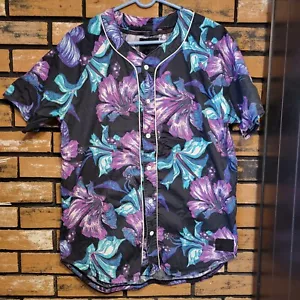 Maglia baseball tropicale hawaiana ON THE BYAS taglia large viola e fiori blu - Foto 1 di 10