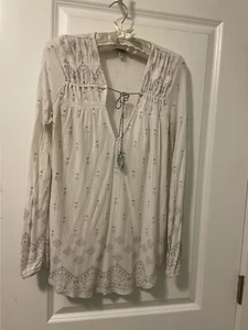 Lucky Brand White/Black Print Tassel Tie Keyhole Long Sleeve 100% Viscose-sz M - Picture 1 of 5