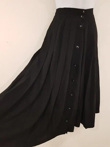 Vintage Skirt Black Midi PLeated Button Front Smart Retro Gothic Work Size 8 - Picture 1 of 12
