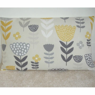 Yellow Grey Cushion Cover Tulip Flowers Scandi 12x20 Ochre Mustard 20" x 12" - Image 1 of 3